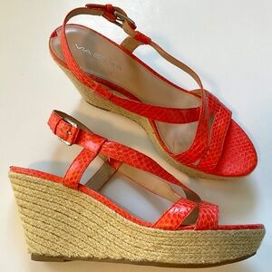 VIA SPIGA Wendi Crisscross Orange Snake Embossed Leather Wedge Sandal Size  8.5